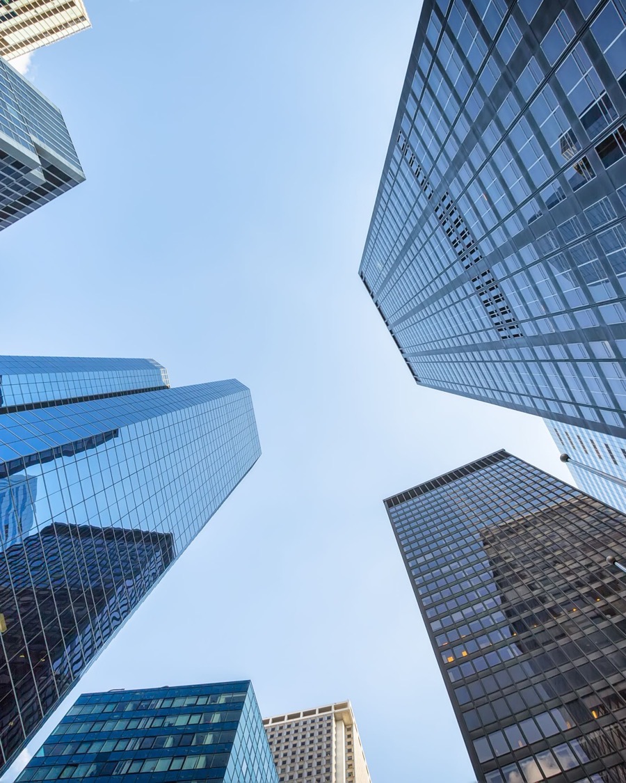 Office towers seen from street level